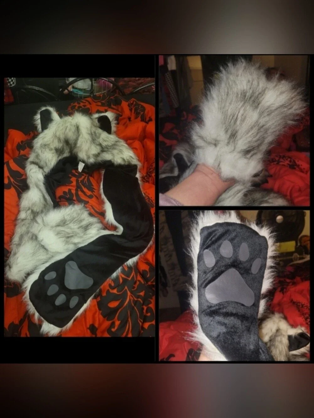 Amazon white winter wolf faux fur wolf ears paws as scarf mittens hat hood NWOT